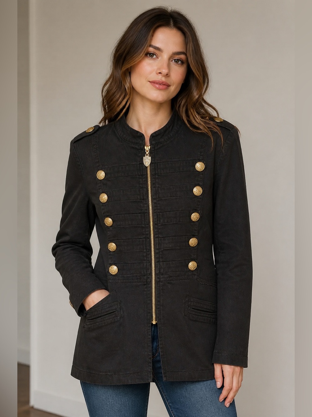 Womens Black Music/Band or Military Jacket with gold hardware. Flattering XL